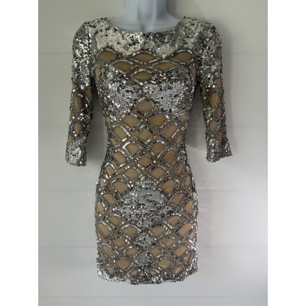 Jovani Dress Womens‎ 2 Silver Sequin Mesh Scoop Neck Bodycon Mini Party